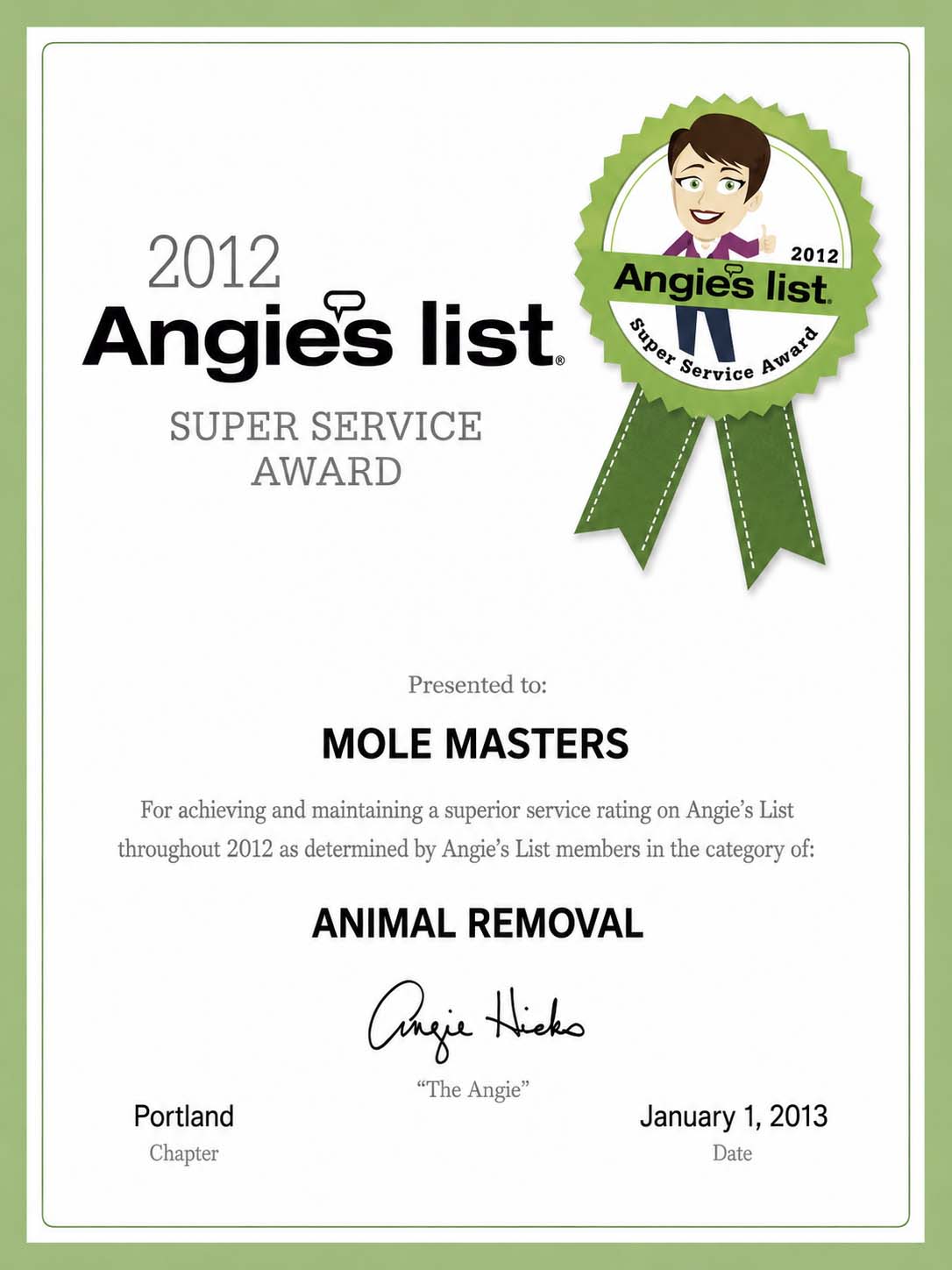 Mole Masters 2012 Angie’s List Super Service Award for Animal Removal
