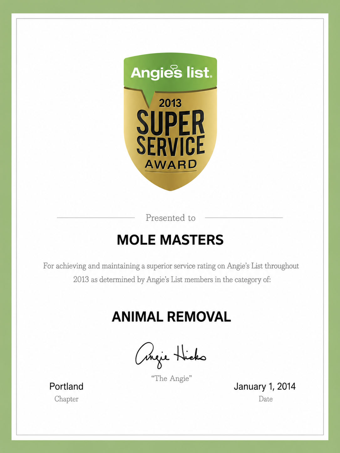 Mole Masters 2013 Angie’s List Super Service Award for Animal Removal